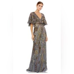 Mac Duggal Column Cap Sleeve Embellished Sequin w/ Brush Train Gown in Charcoal